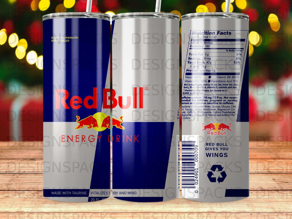 Red Bull energy drink can with nutrition facts and slogan.