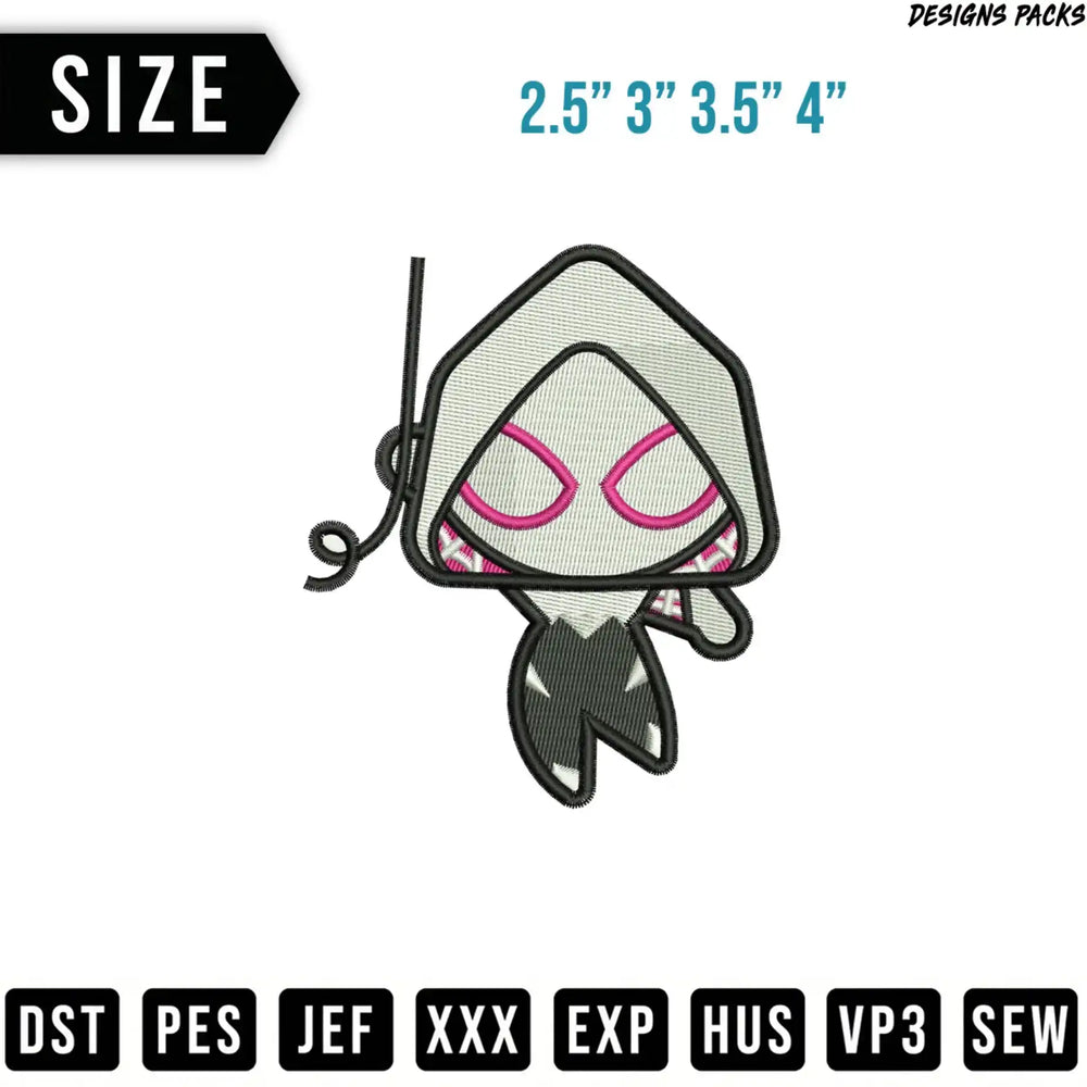 Gwen Stacy chibi embroidery design with size options and file formats listed.