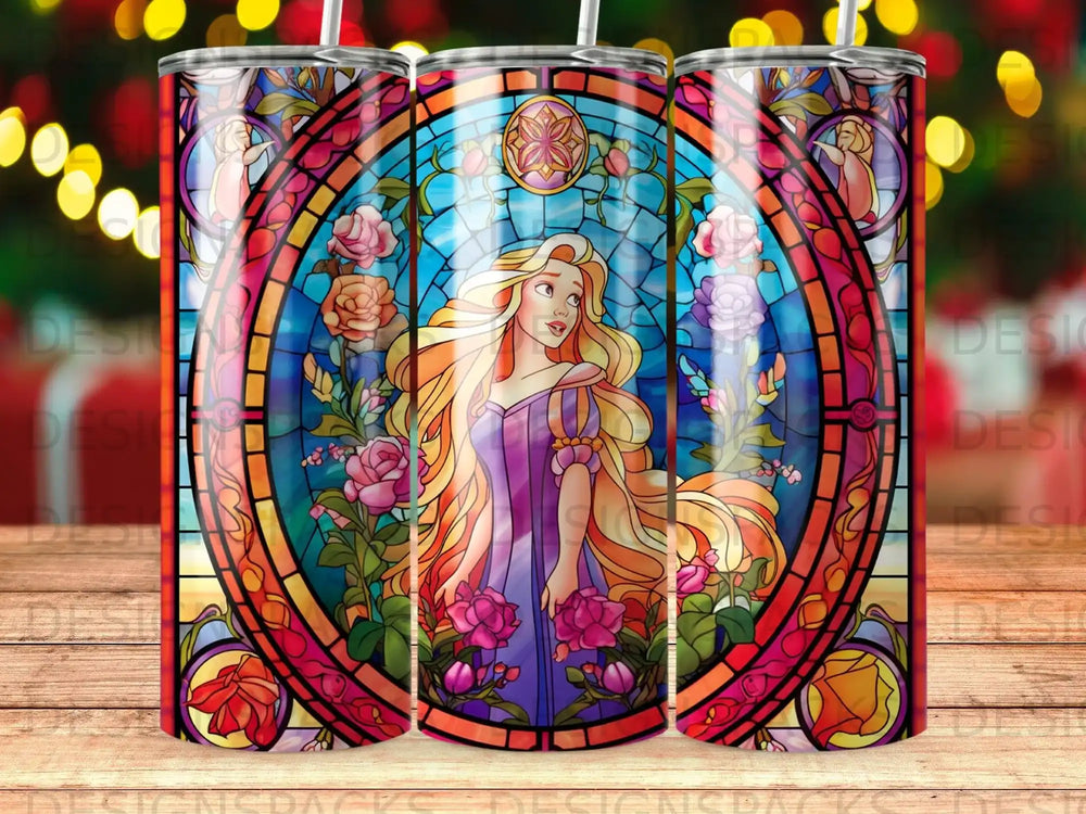 Rapunzel in stained glass with roses, on a tumbler design.