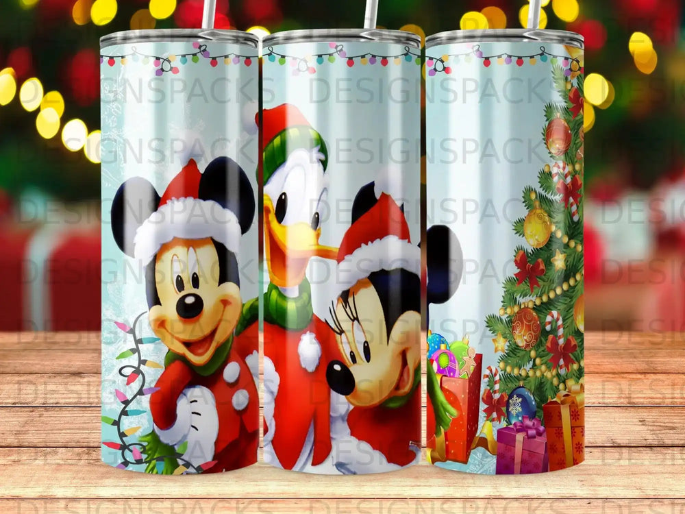 Mickey Mouse, Donald Duck, and Minnie Mouse in Santa hats with Christmas gifts.