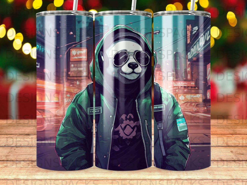 Panda wearing sunglasses and hoodie in urban cyberpunk setting.