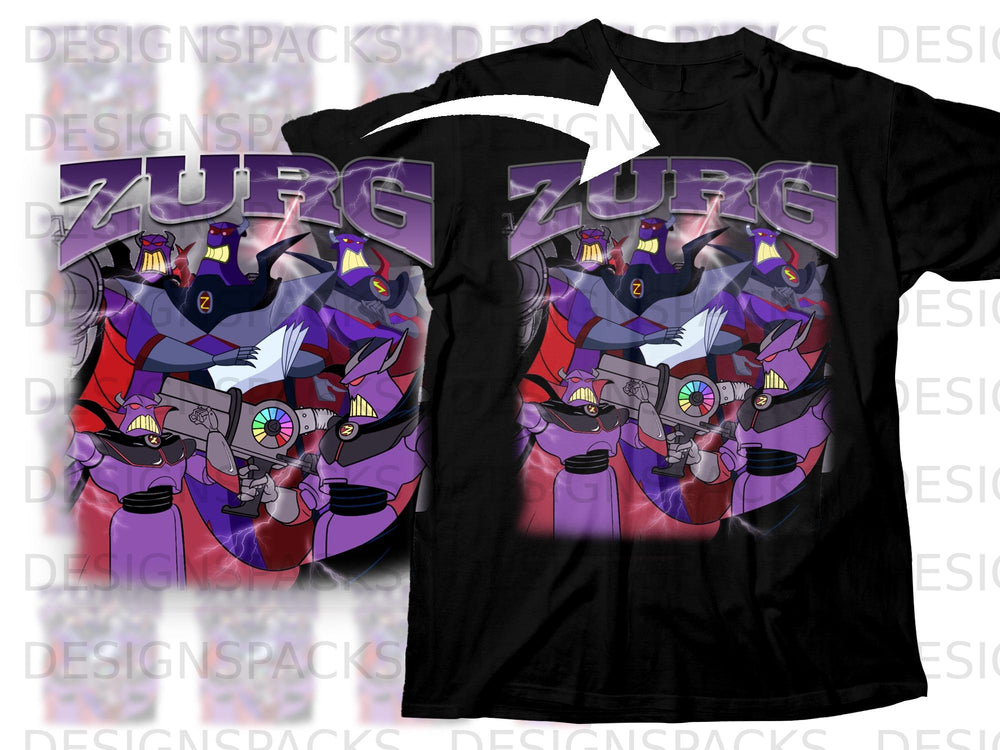 Black t-shirt featuring Zurg and his minions with lightning accents.
