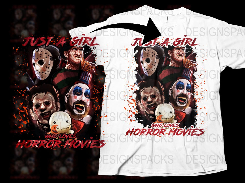 Horror Movie Fan T-Shirt, Just a Girl Who Loves Horror Movies, Scary Masks Design, Blood Splatter Tee, Unique Gift for Horror Enthusiasts