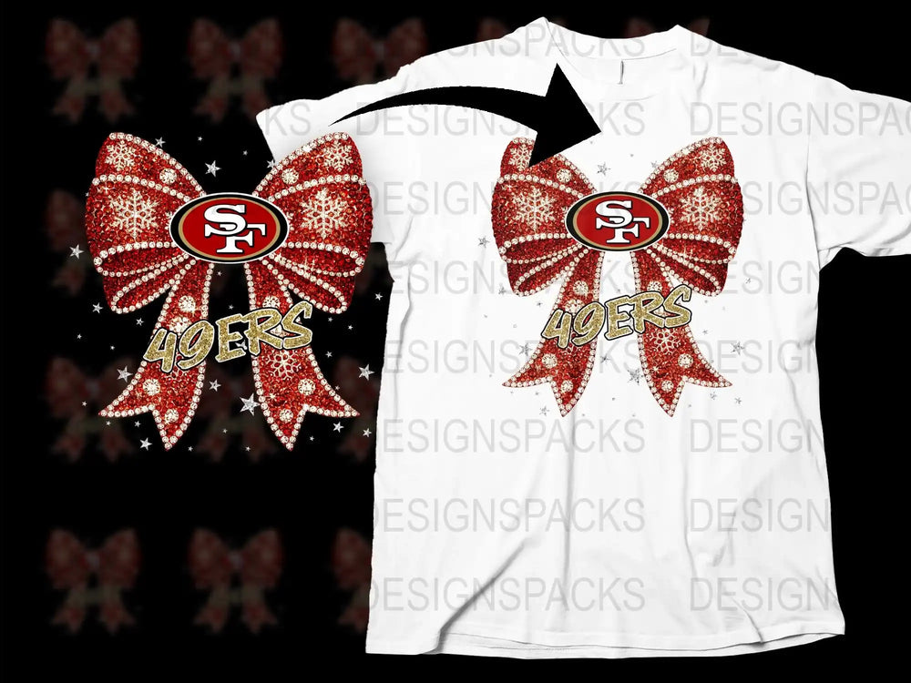 San Francisco 49ers Rhinestone Bow T-Shirt, Sparkly Football Fan Gear, Unisex White Sports Tee