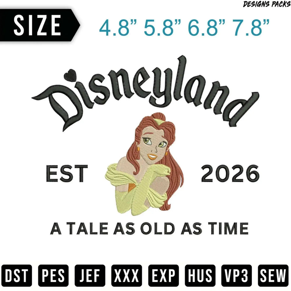 Disneyland EST 2026 embroidery design with Belle and file formats.