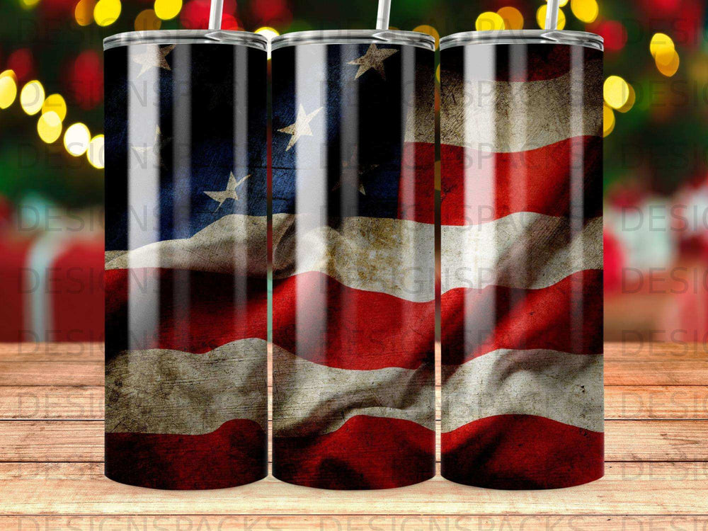 American flag tumbler with stars and stripes, textured finish.
