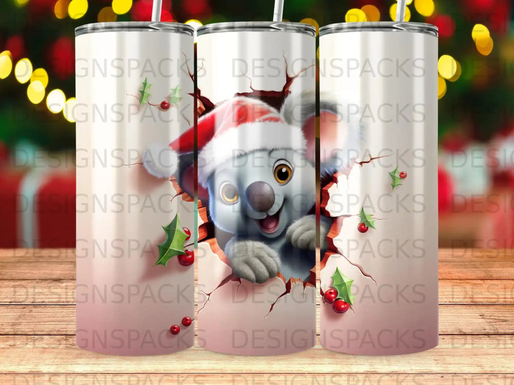 Koala wearing Santa hat peeking through cracked surface on festive tumbler.