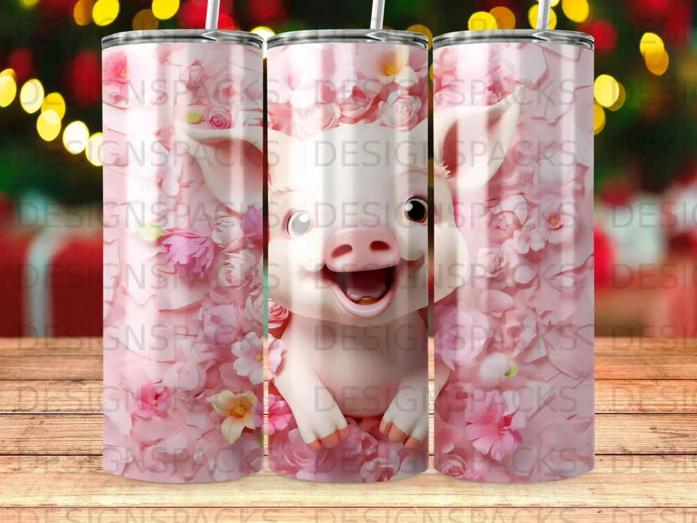 Pink tumbler with a smiling pig and floral pattern.