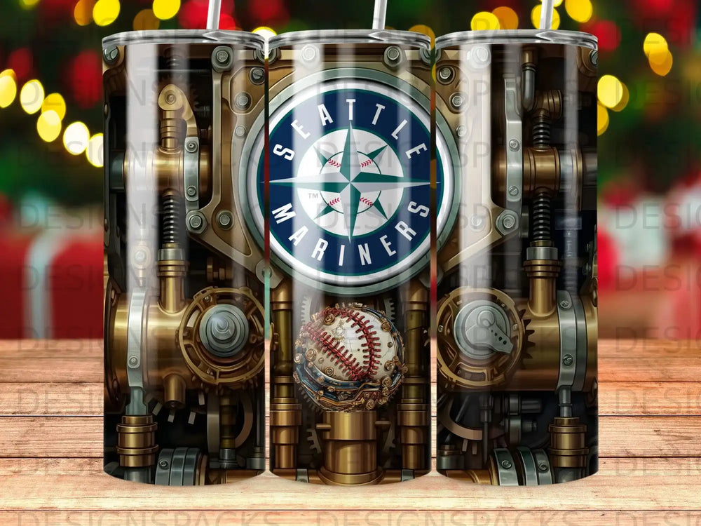 Seattle Mariners steampunk tumbler with baseball graphic.