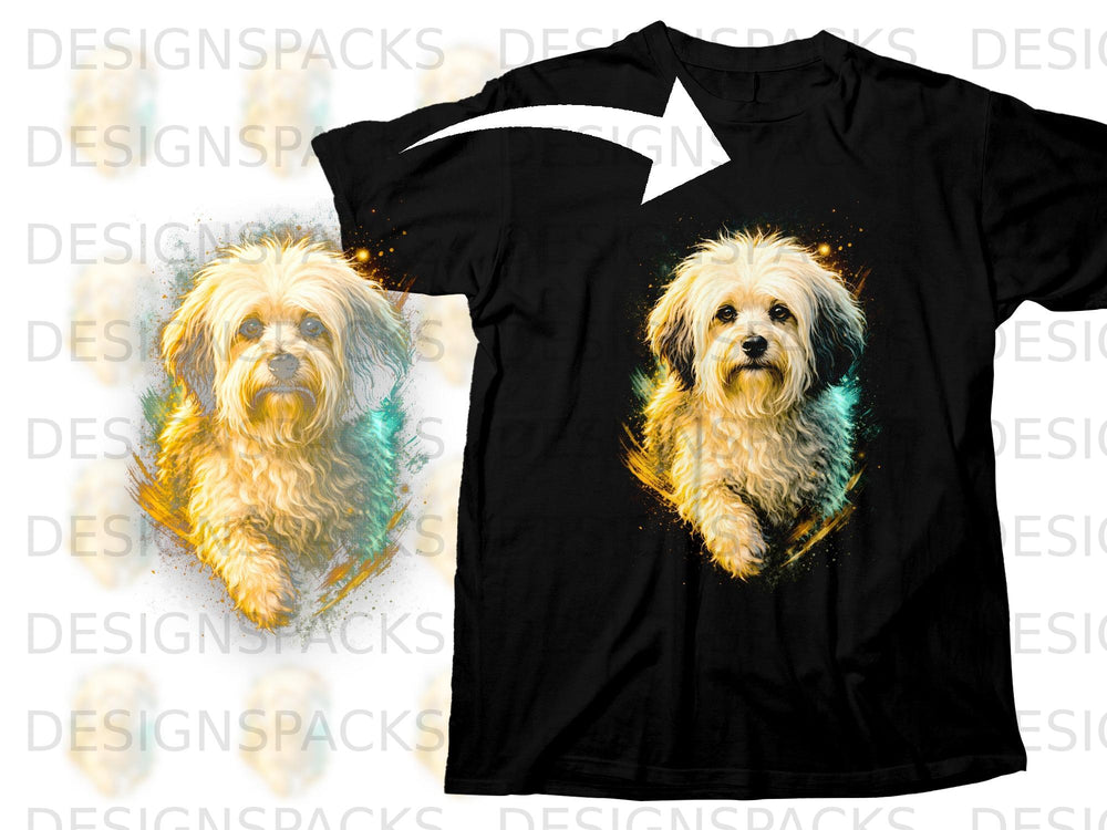 Black t-shirt with a vibrant abstract painting of a white dog.