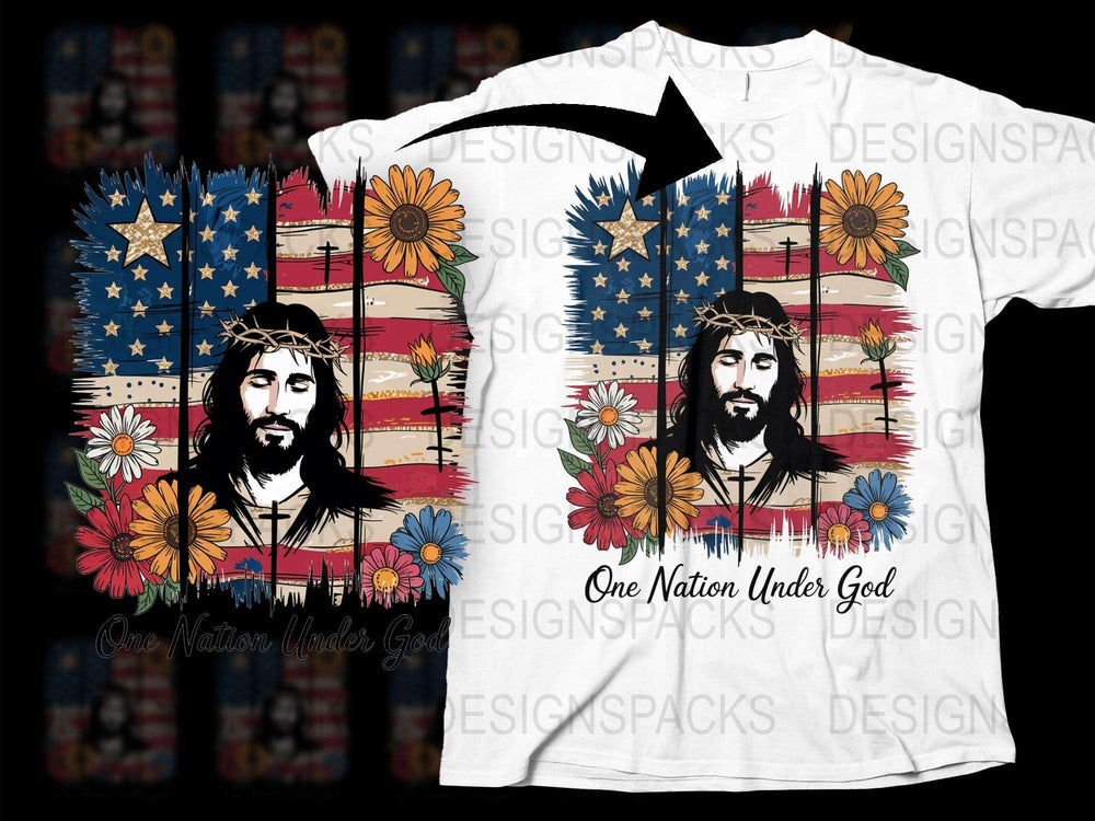 Patriotic Jesus T-Shirt, One Nation Under God, American Flag Floral Cross, Christian Graphic Tee, Religious Gift, Unisex Clothing