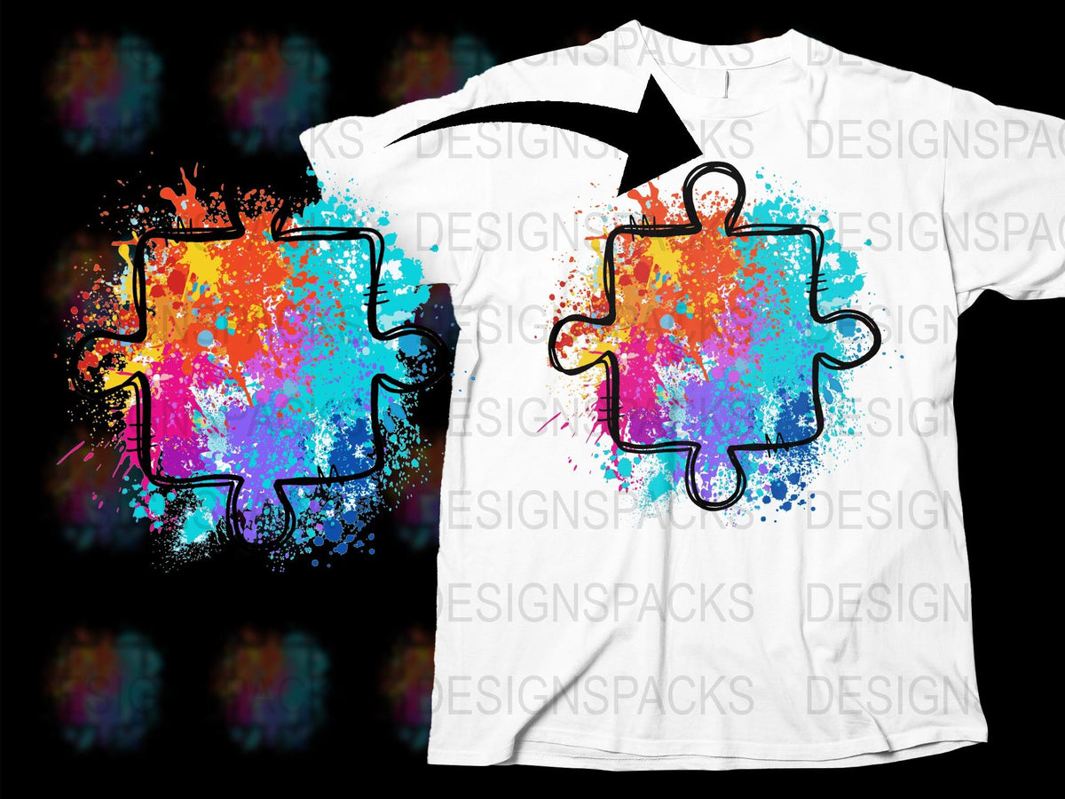 Colorful Puzzle Piece Design T-Shirt, Unisex Graphic Tee, Bright Paint Splatter, Casual Streetwear