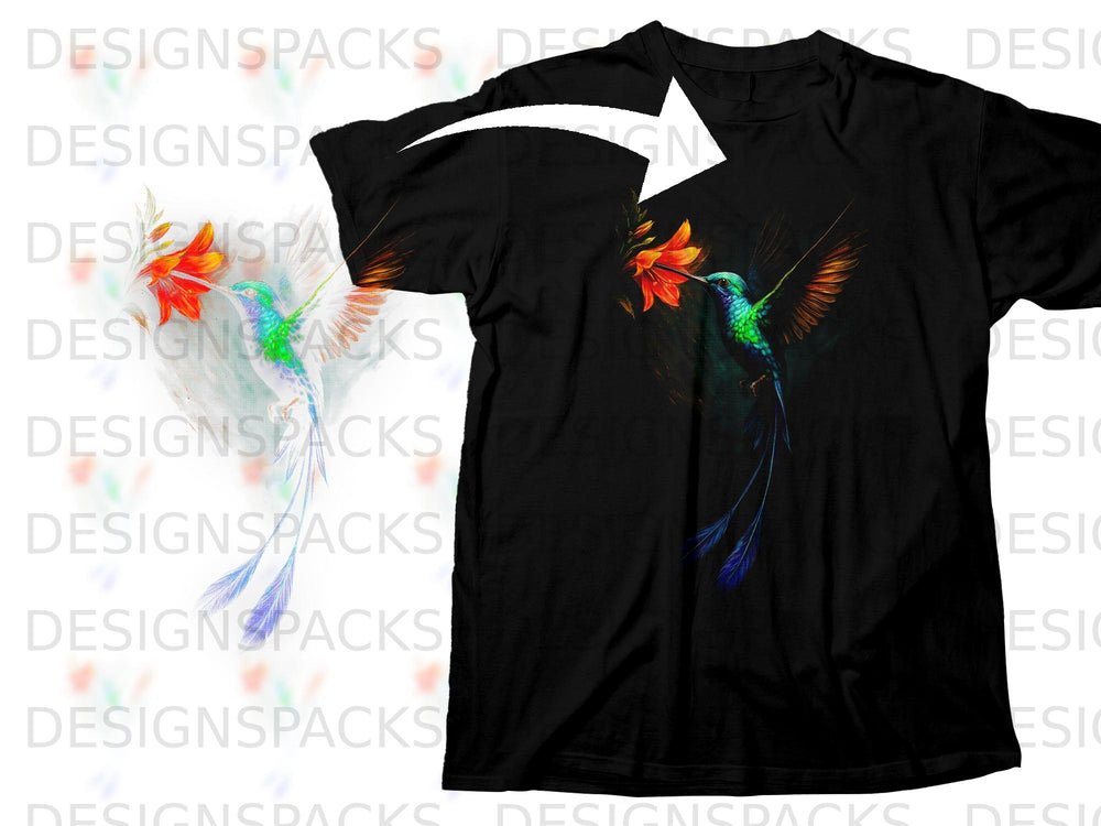 Black t-shirt with a colorful hummingbird and flower graphic design.