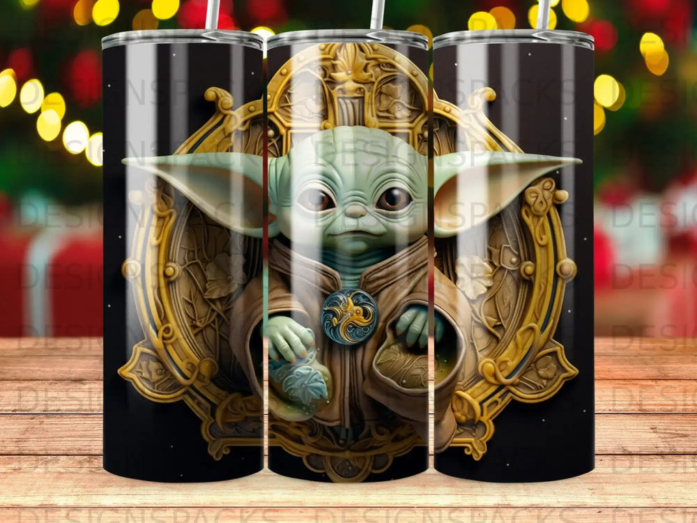 Grogu in ornate frame, holding a rattle, on a black background with bokeh lights.