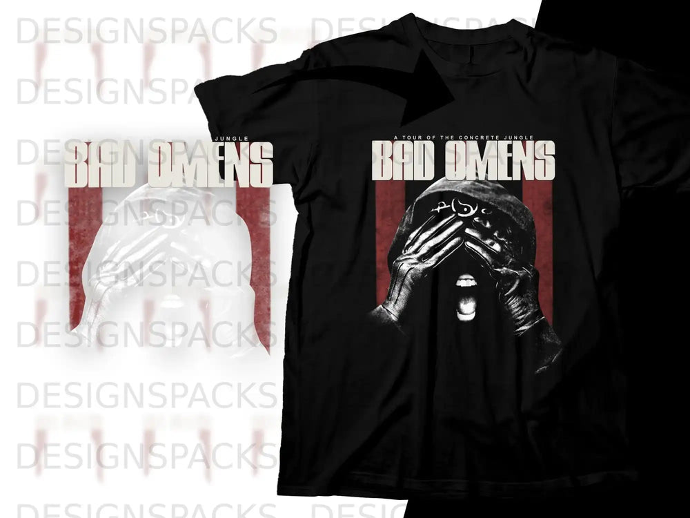 Black t-shirt featuring Bad Omens band with "A Tour of the Concrete Jungle" text.