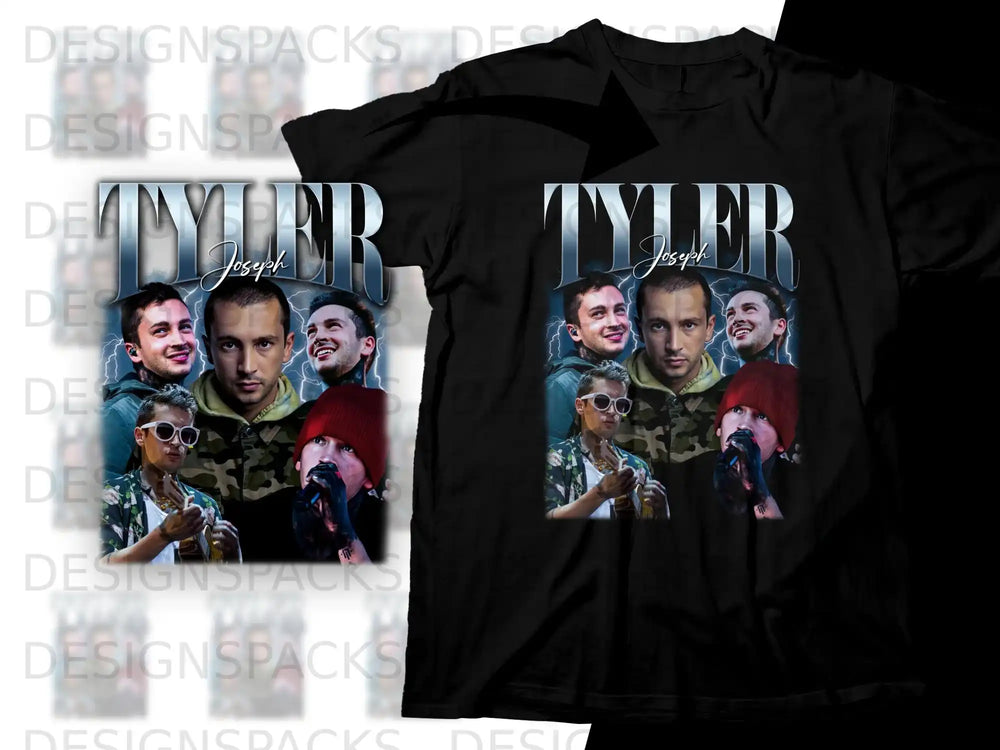 Black t-shirt with Tyler Joseph collage graphic.