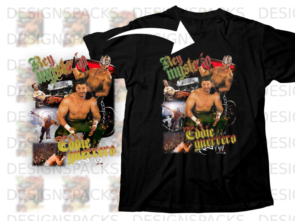 Black t-shirt featuring Rey Mysterio and Eddie Guerrero with wrestling imagery.