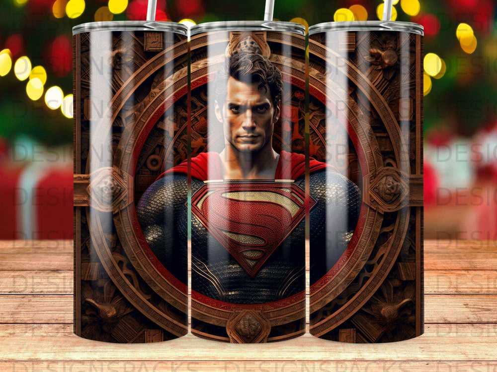 Superman emblem on a man's chest within a circular, ornate wooden frame.