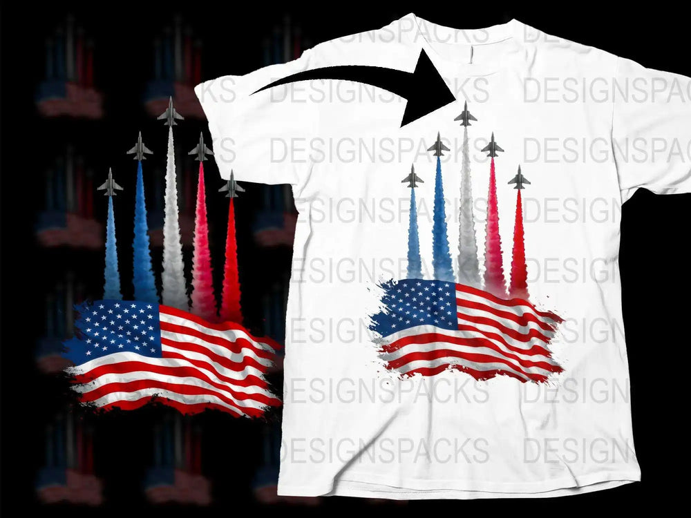 Patriotic T-Shirt USA Flag with Jet Trails Graphic, Stylish 4th of July Apparel, Men’s White Tee