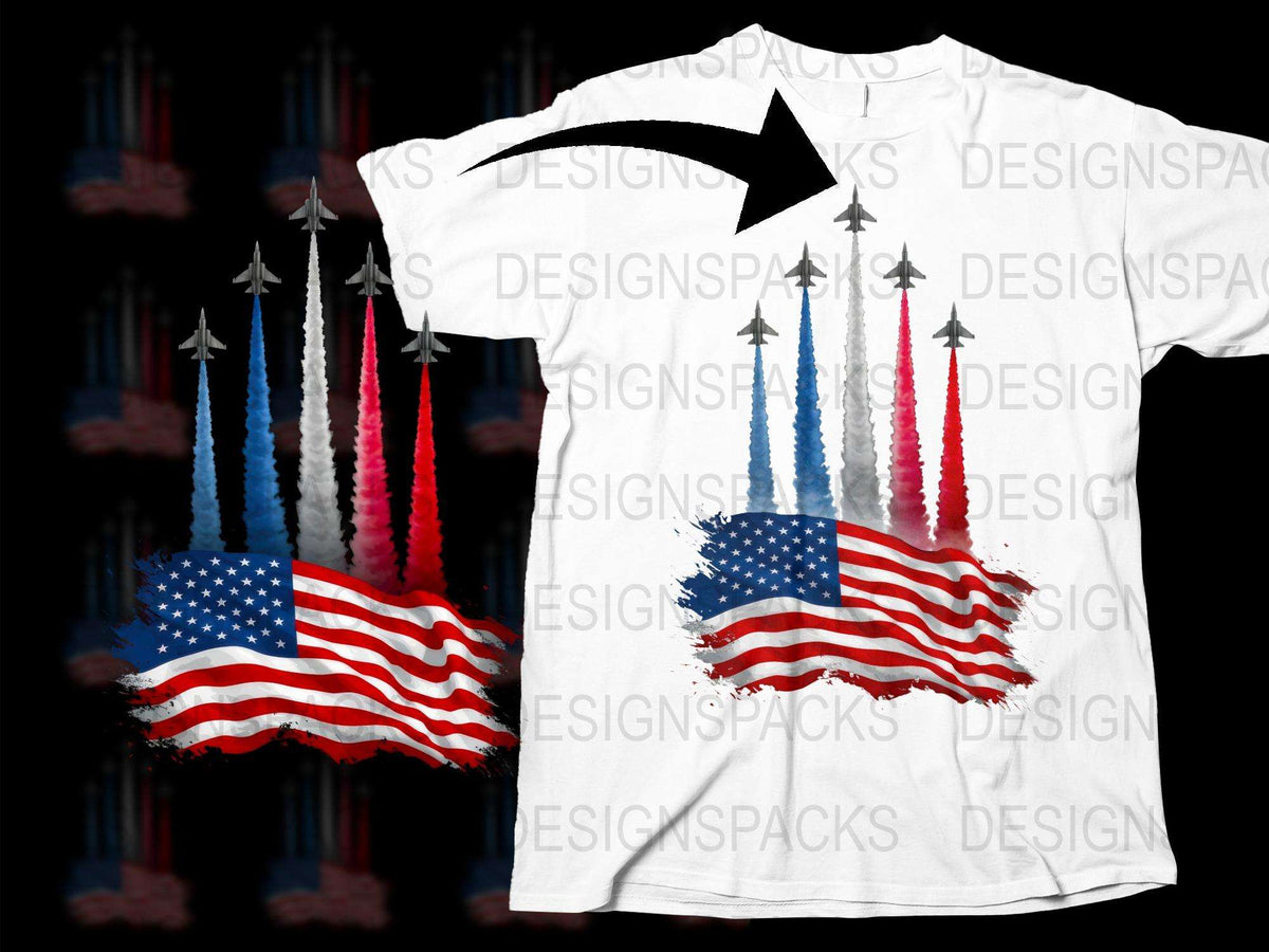 Patriotic T-Shirt USA Flag with Jet Trails Graphic, Stylish 4th of July Apparel, Men’s White Tee