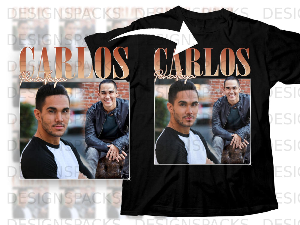 Black t-shirt mockup featuring "CARLOS" in large font and two portraits of a man.