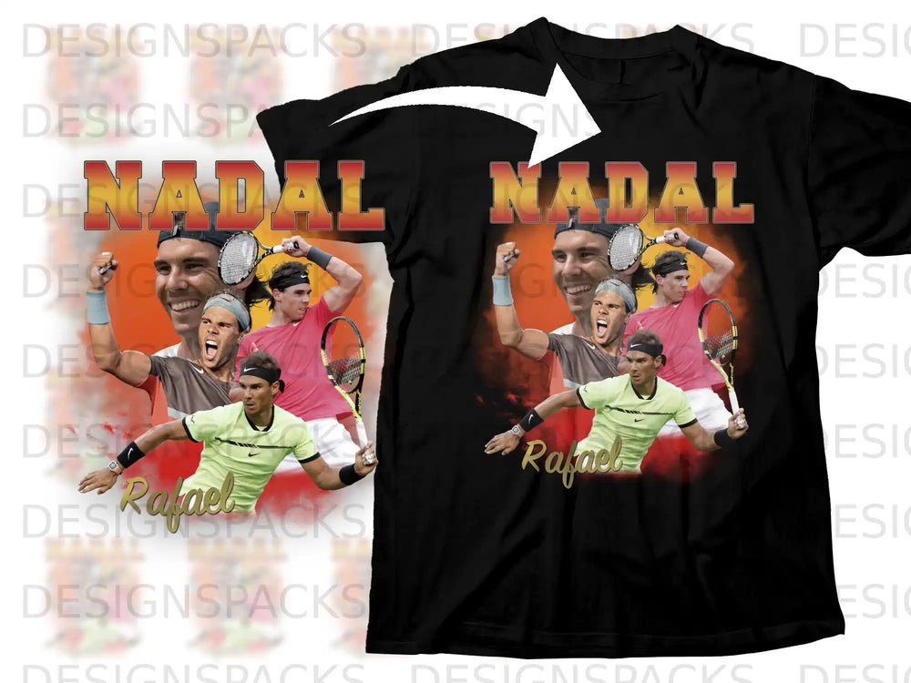 Black t-shirt with Nadal graphics featuring Rafael Nadal and tennis rackets.