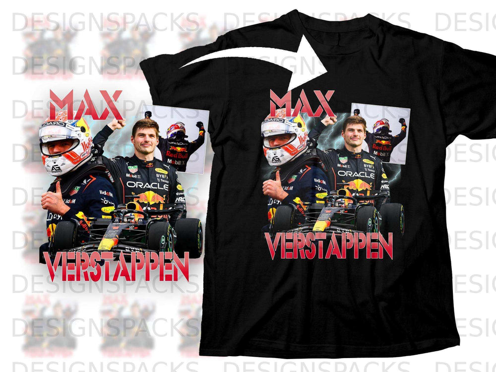 Black t-shirt with Max Verstappen graphic and "VERSTAPPEN" text.