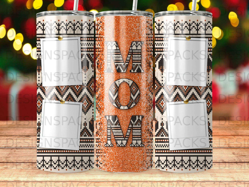 Tumbler with "MOM" in glitter, surrounded by a festive patterned border.