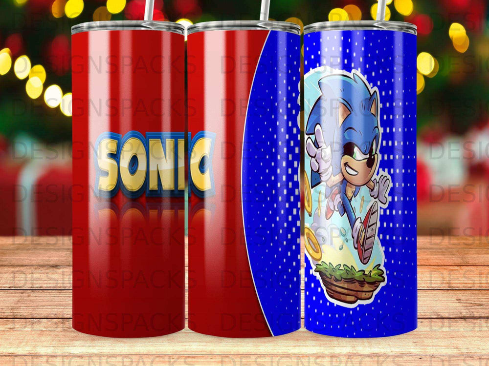 Three tumblers with Sonic the Hedgehog designs in red, blue, and yellow.