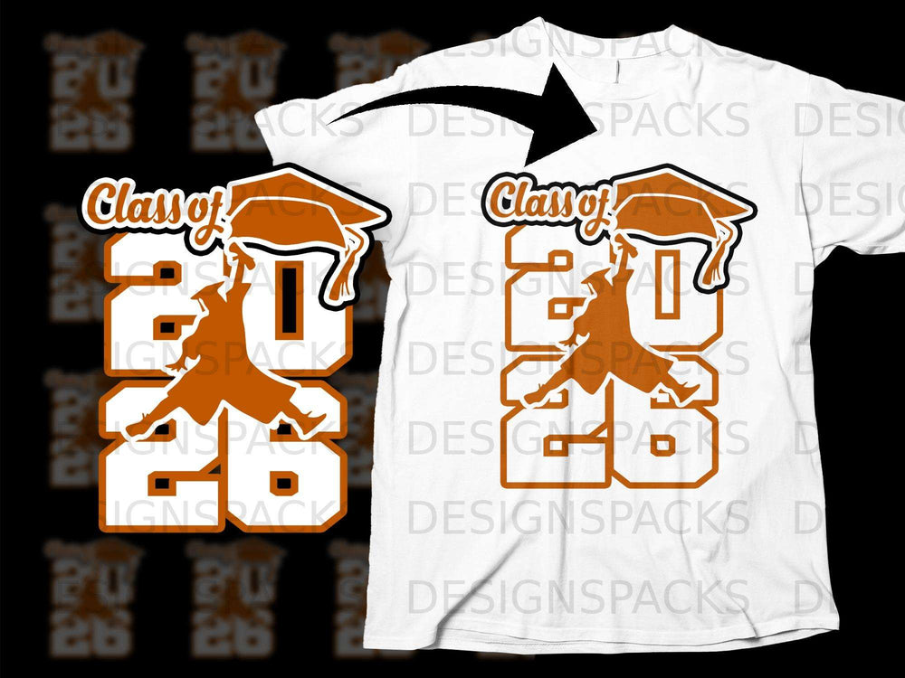 White t-shirt with "Class of 2026" graduation graphic in orange and white.