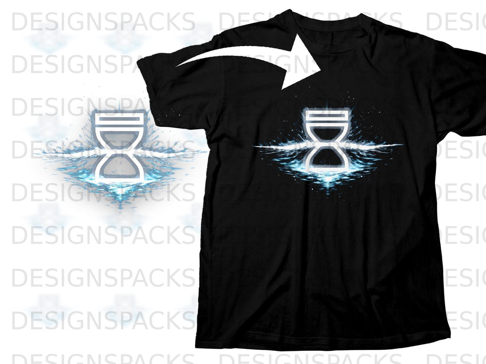 Black t-shirt with a glowing white hourglass design on blue watery background.