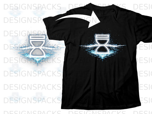 Black t-shirt with a glowing white hourglass design on blue watery background.