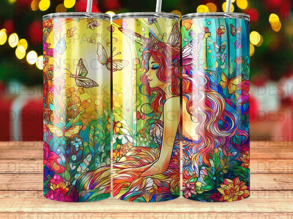 Woman with colorful hair and butterfly wings surrounded by flowers and butterflies.