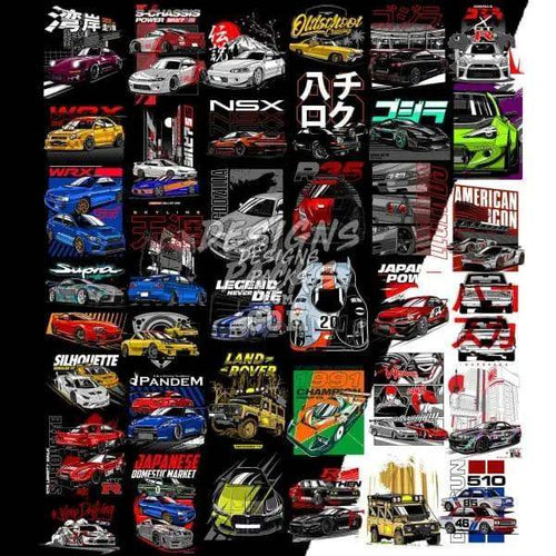 Car-themed DTF/DTG designs bundle featuring JDM, American, and classic vehicles in print-ready PNG/SVG formats