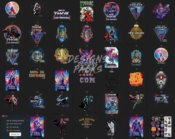 Thor-themed DTF/DTG designs bundle with vibrant superhero graphics for print-ready use