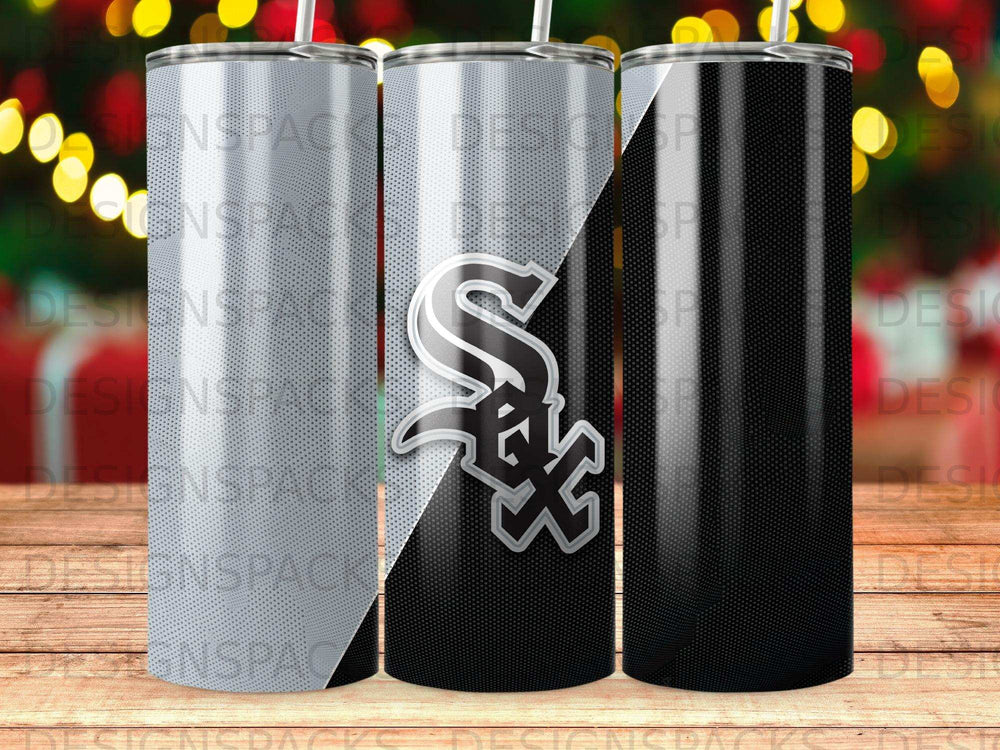 Chicago White Sox logo on three tumblers: one white, one black and white, one black.