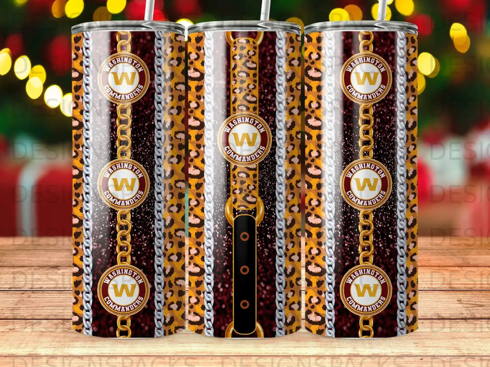 Washington Commanders tumbler with leopard print, chain pattern, and gold accents.