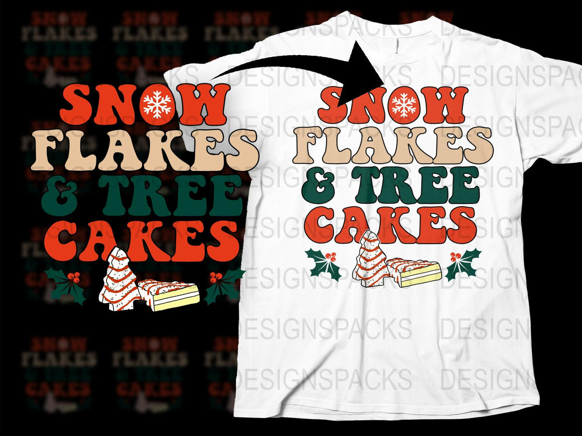 Snow Flakes and Tree Cakes T-Shirt, Christmas Holiday Graphic Tee, Festive Winter Apparel, Unisex Cotton Shirt for All Ages