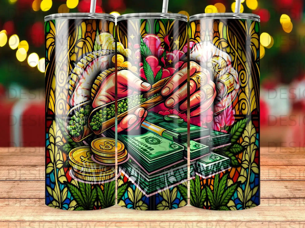 Hands rolling marijuana with dollar bills and coins, stained glass background.