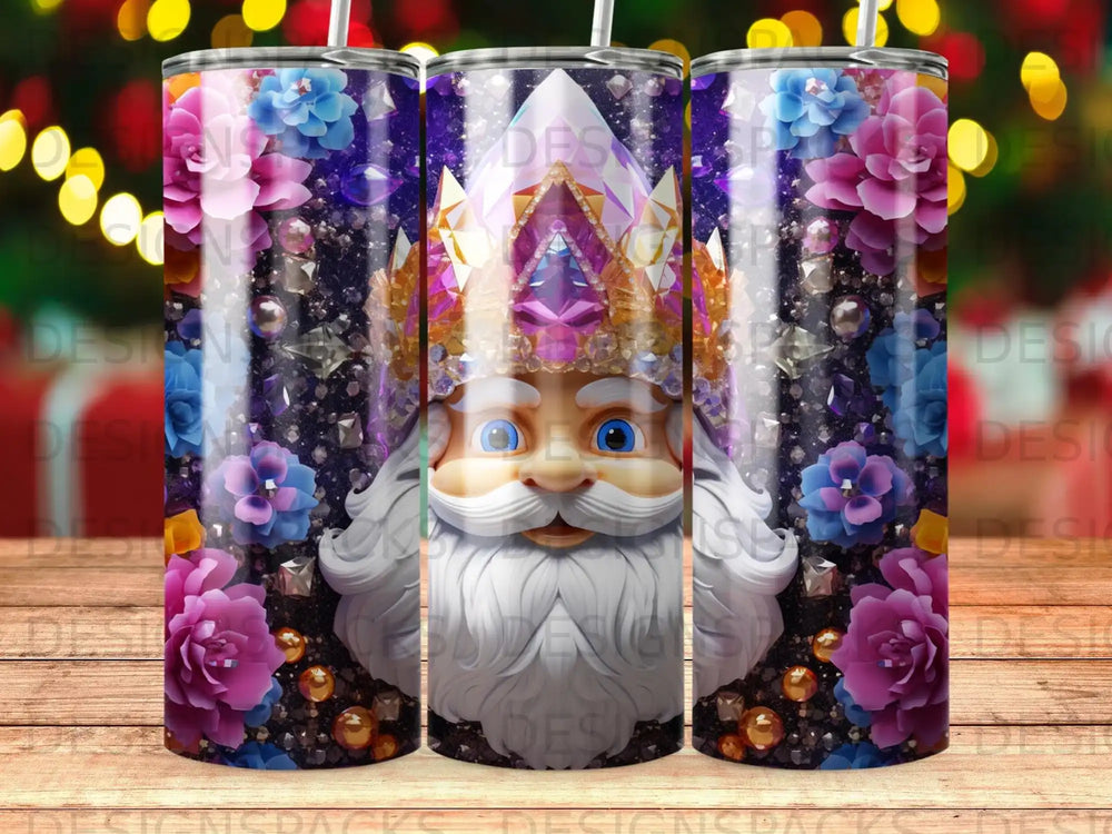 Santa Claus with ornate crown and colorful flowers on a glittery background.