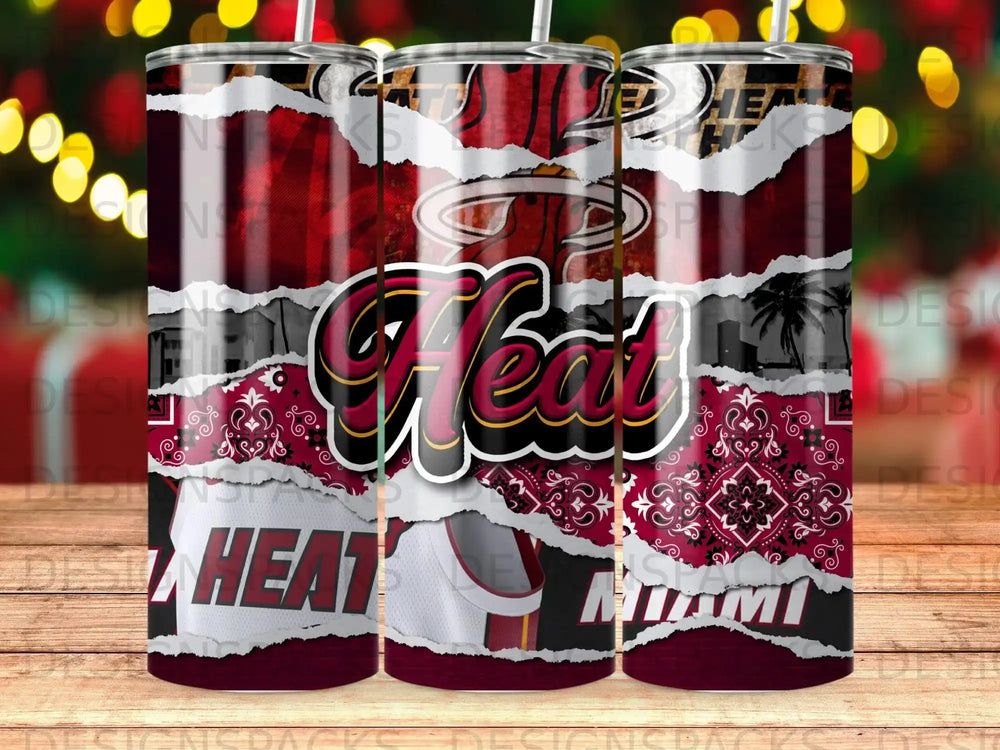 Miami Heat logo with torn paper effect and city skyline.