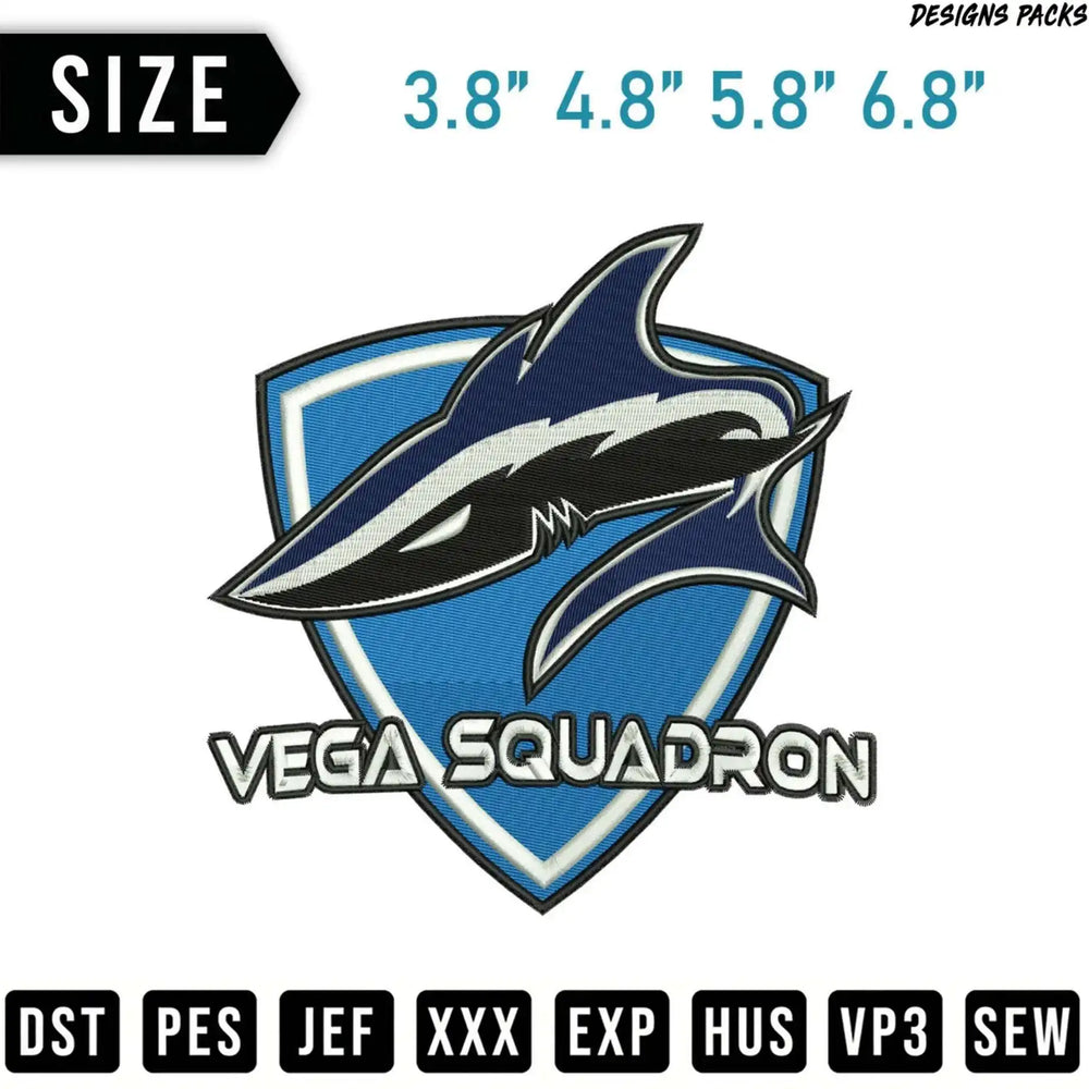 Embroidery design for Vega Squadron featuring a stylized shark logo.