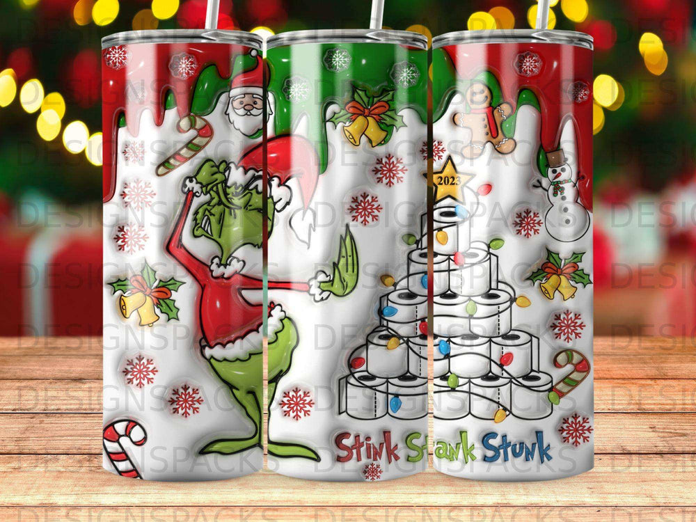 The Grinch and toilet paper roll pattern on a tumbler with 2023 and holiday icons.