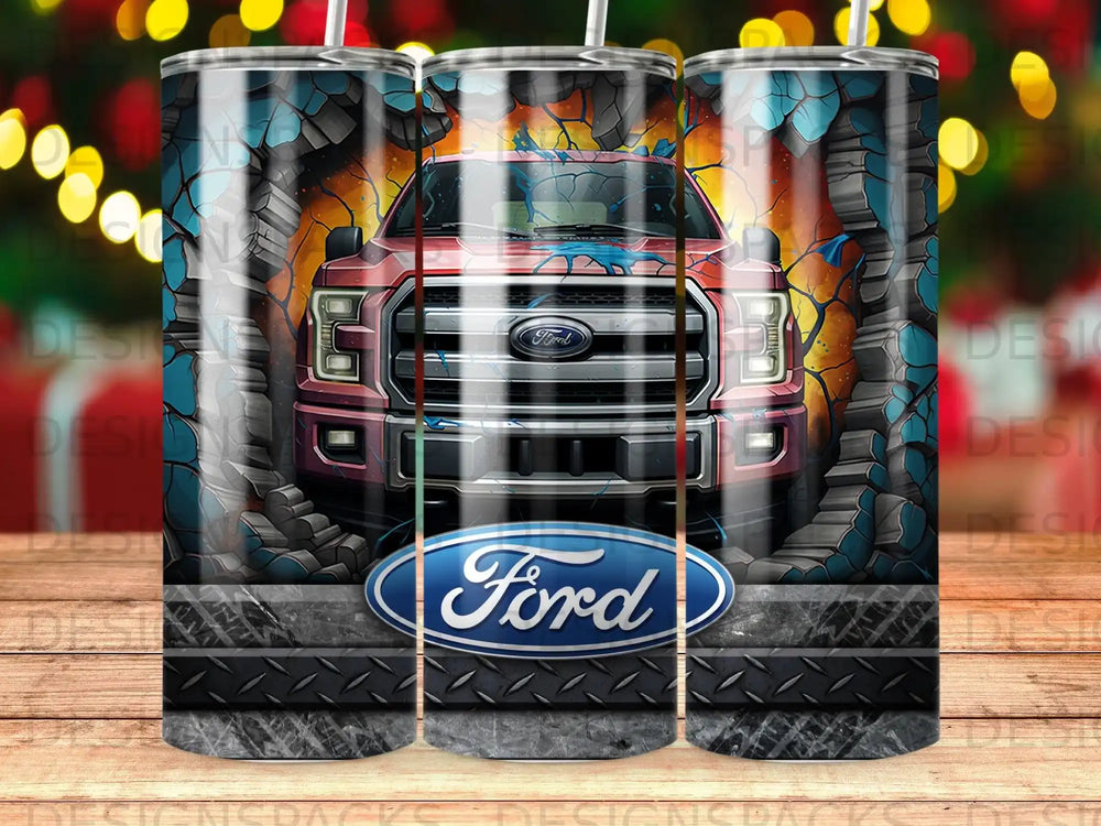 Red Ford truck breaking through a textured wall with Ford logo.