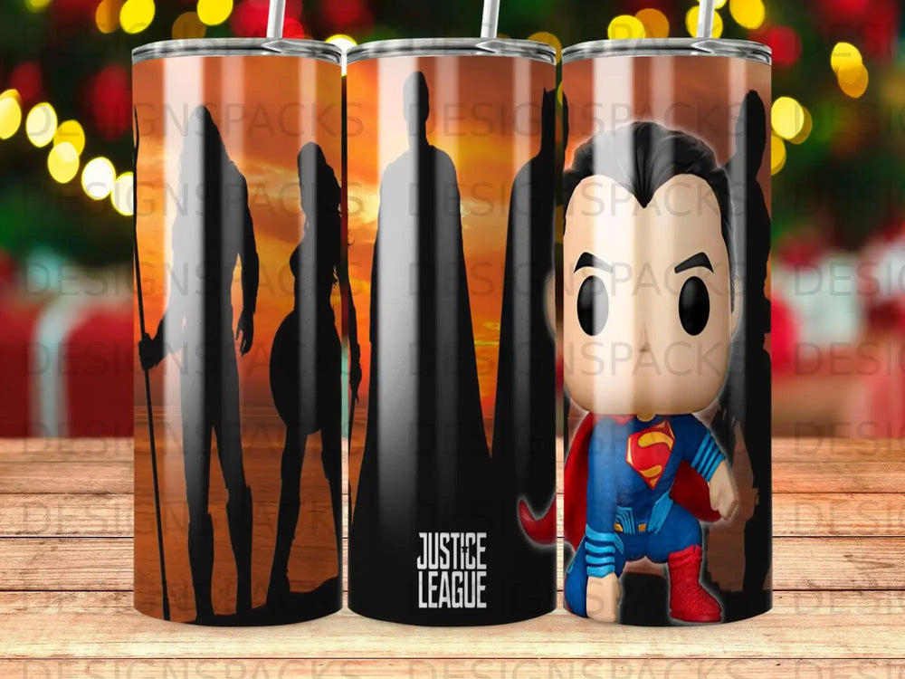 Justice League silhouette with Superman Funko Pop figure.