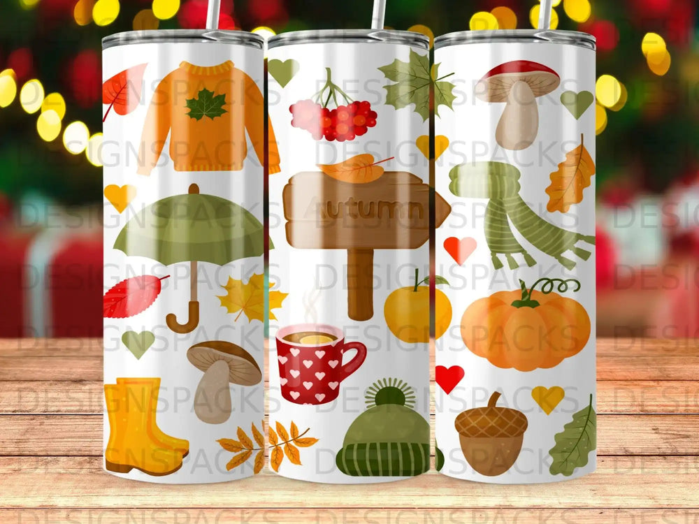 Fall theme tumbler with pumpkins, leaves, and "Autumn" text.