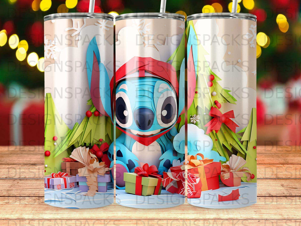 Stitch wearing a Santa hat surrounded by Christmas gifts and ornaments.