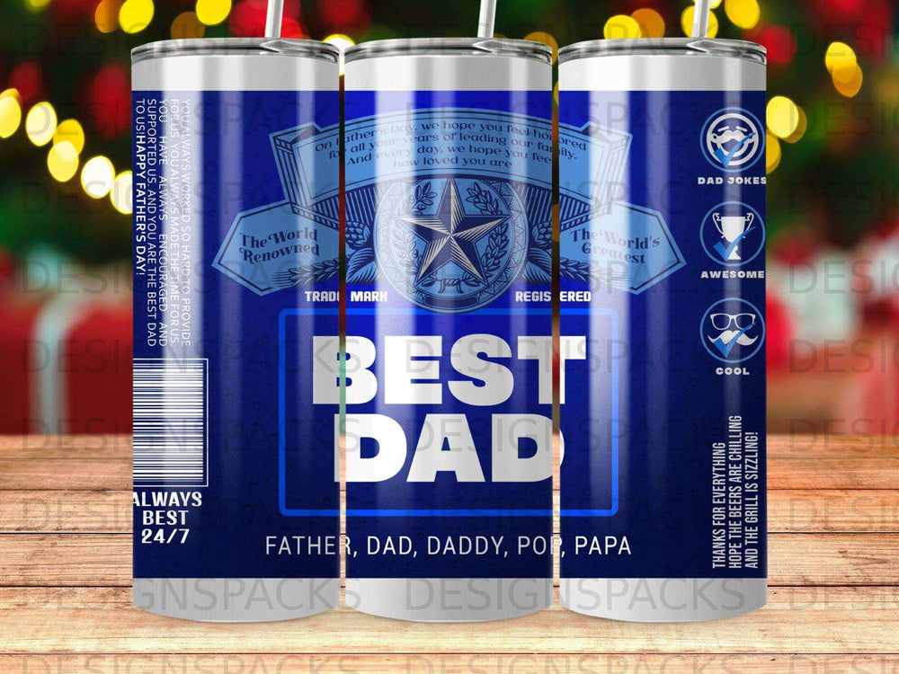 Best Dad tumbler with "Best Dad" text, "Dad Jokes," and Father's Day message.
