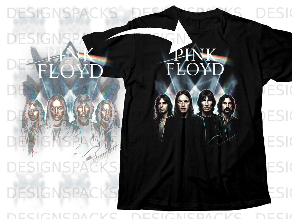 Pink Floyd prism and band members graphic on black t-shirt.