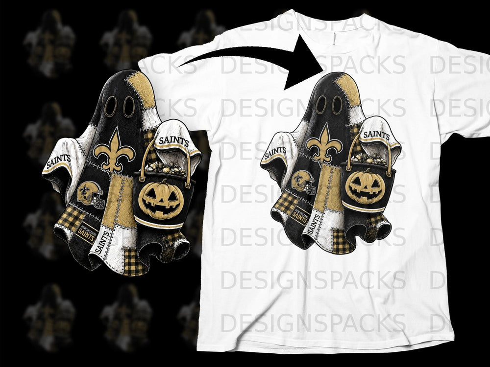 Ghost design with Saints logo, pumpkin, and candy bucket on a white t-shirt.